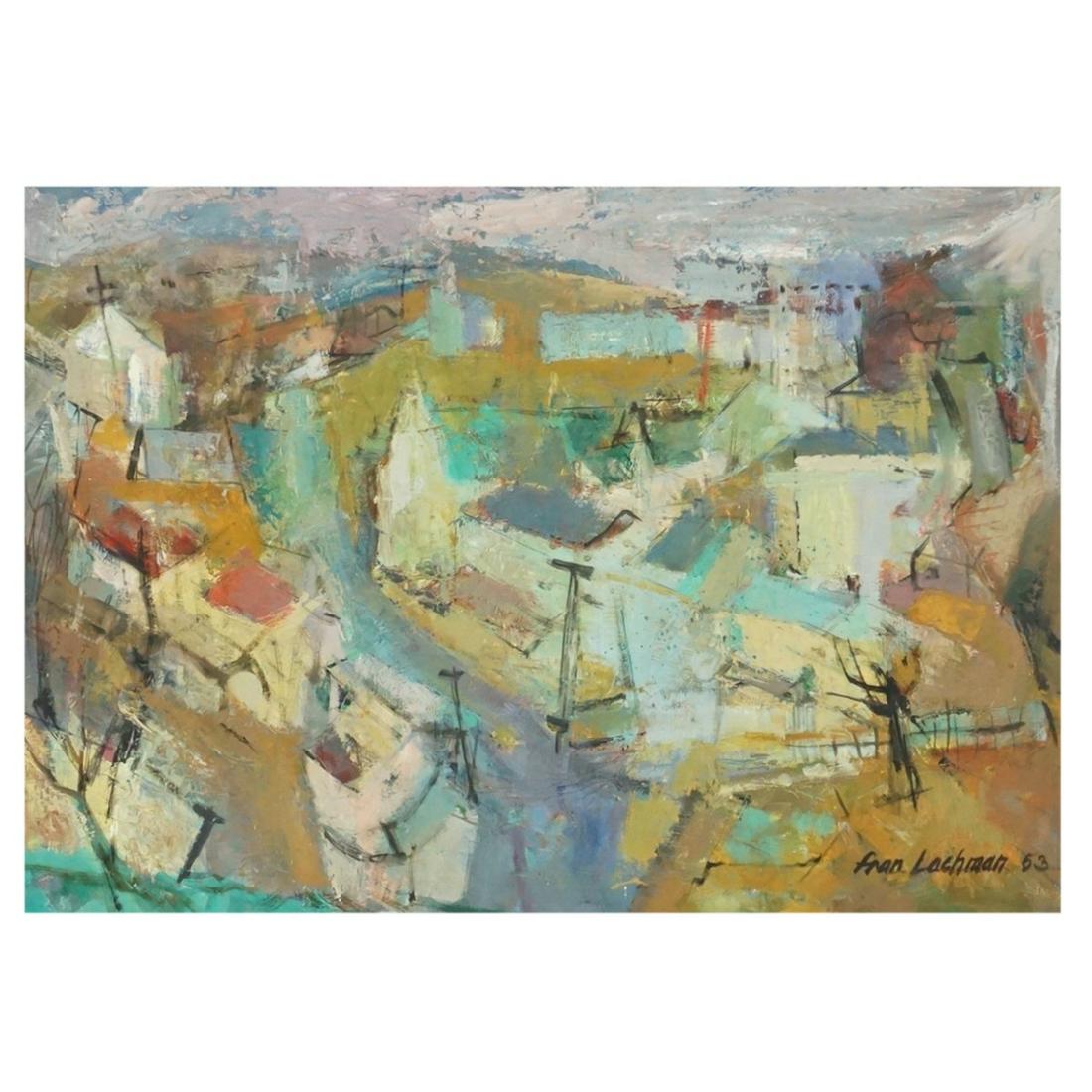 Fran Lachman (1911 - 1980): Fran Lachman,American (1911 - 1980) Oil on Board "Abstract Village Scene" Signed and Dated 1953 Lower Right. Sight measures 21-1/2" x 29-1/2". Frame measures 26-1/8" x 34" x 1-1/2". Condition: Good co