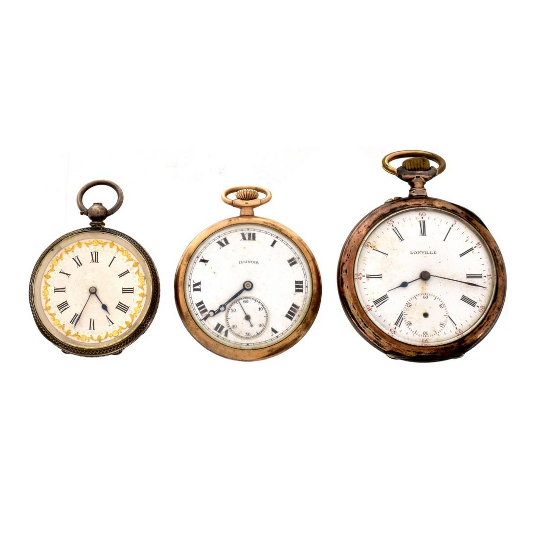 Three Antique Pocket Watches: Three Antique Pocket watches. To include Lonville 800 silver pocket watch, Illinois gold filled pocket watch and unbranded silver pocket watch. Lonville case measures 49.5mm. Unbranded watch is key wo