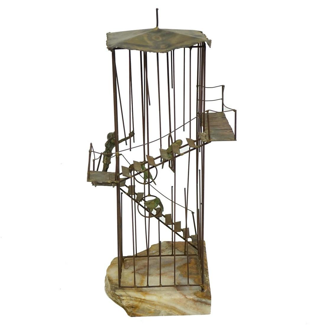 Brian Bijan, American (20th cent.): Brian Bijan, American (20th cent.) Metal Sculpture on Onyx Base., "Boy and Bird Cage". Signed and numbered 184/250. Measures 20-1/4" x 9-1/4 x 10-1/2. Condition: Good vintage condition. Rubbing and ox