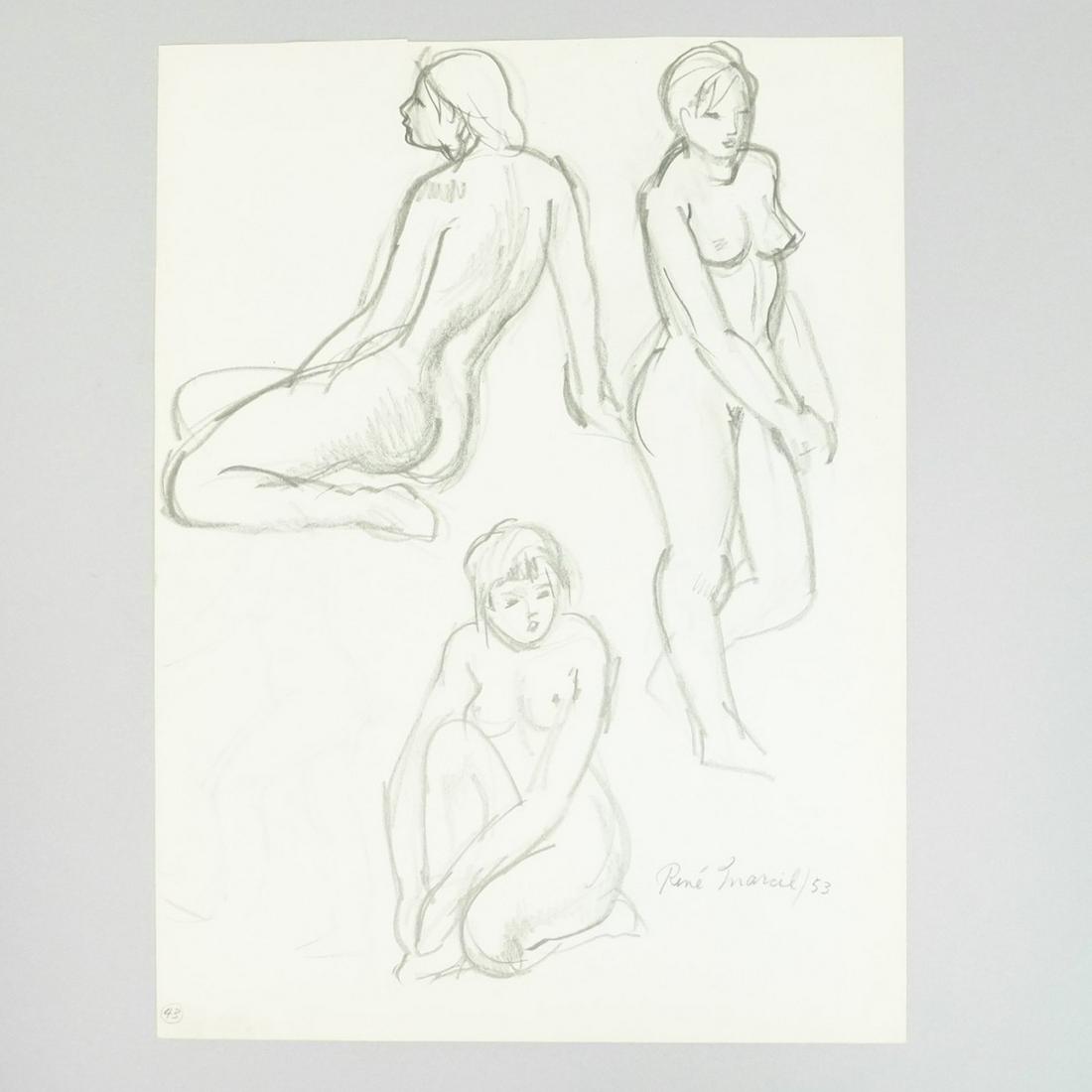 Rene Marcil (1917 - 1993): Rene Marcil, Canadian (1917 - 1993) Pencil Drawing on Paper "Three Nude Models" Signed and Dated 1953 Lower Right. Unframed. Sheet measures 14-1/4" x 10-3/4". Condition: Good condition. Estimate: $100