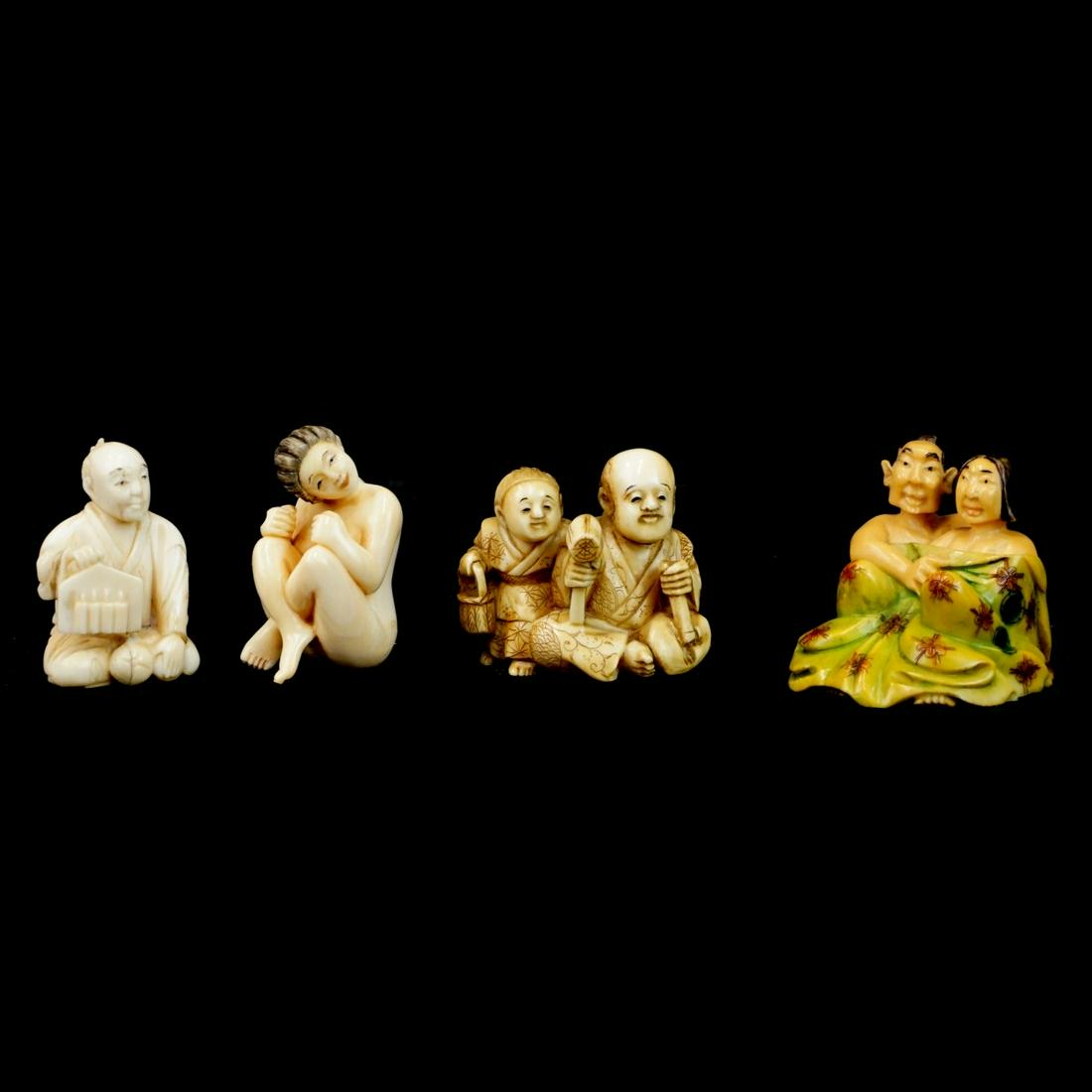 Japanese Figures: Lot of Four Japanese Carved Netsuke Figures. Includes two erotic figures and two immortals. Tallest measures 1-3/4" x 1-3/4" x 2". Smallest measures 1-7/8" x 1-1/4". We Will Not Ship This Item Out of 