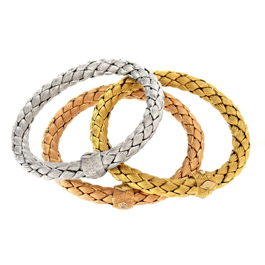 Chimento 18K Bangle Bracelets: Three Vintage Chimento Italian 18 Karat Yellow, White and Pink Gold Stretch Flexible Mesh Link Bangle Bracelets. Signed, stamped 750, Italian hallmark. Measure 8" L, 1/2" W (at clasp). Approx. total w