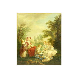 Carle van Loo, French (1705-1765) O/C: After: Carle van Loo, French (1705-1765) Oil on canvas "Reading". Unsigned.. Measures 22" x 18", frame measures 30" x 26". Condition: Several spots of minor losses, above tree near kite, above hat and