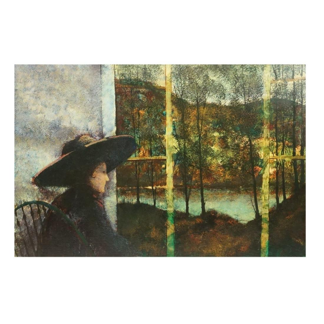 Donald Roy Purdy (Born 1924): Donald Roy Purdy, American (Born 1924) Oil on Masonite Board "Woman Starring at a Beautiful Landscape" Signed Lower Left. Measures 24" x 36". Frame measures 35-1/2" x 47-1/2". Condition: Good conditio
