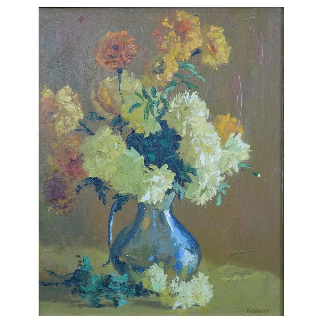 20C Oil on Canvas Still Life Flowers: 20th Century American School Oil on Canvas "Still Life Flowers" Signed Palmer or Palmeri Lower Left. Measures 20-1/4" x 16", frame measures 28-3/4" x 24-1/2". Condition: Good condition. Estimate: $100