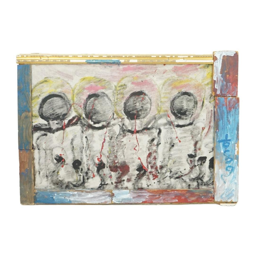 Purvis Young (1943 - 2010): Purvis Young, American (1943 - 2010) Mixed Media and Oil on Found Linen and Applied Board "Figures" Signed. Overall measures 33-1/4" x 48-1/4". Condition: Good found condition. Estimate: $600.00 - $12