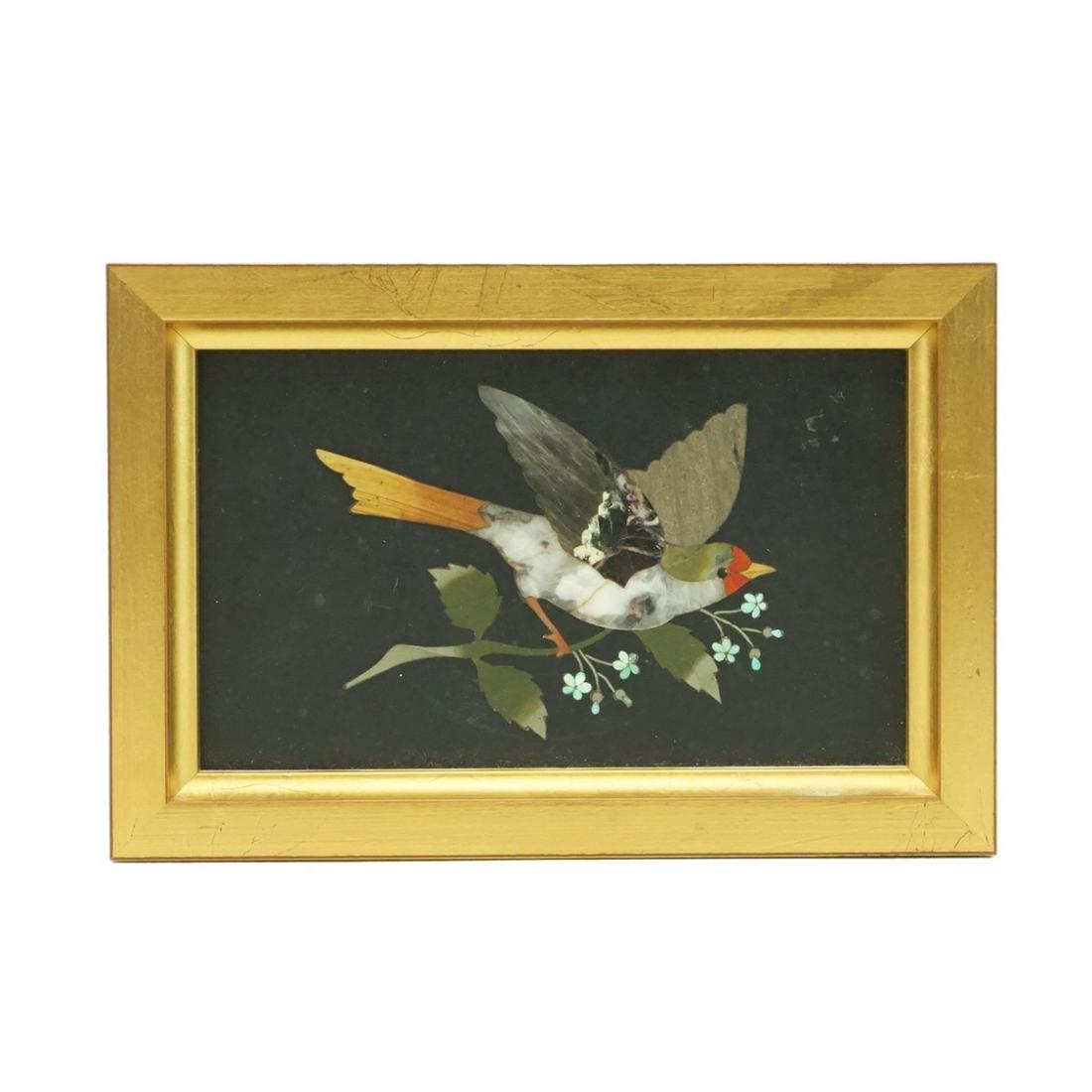 Pietra Dura Plaque: A Italian Pietra Dura Plaque of a Perched Bird. Unsigned. Sight measures 3-1/4" x 5-1/2". Frame measures 4-5/8" x 6-7/8". Condition: Good condition. Estimate: $100.00 - $200.00 Domestic Shipping: $62.