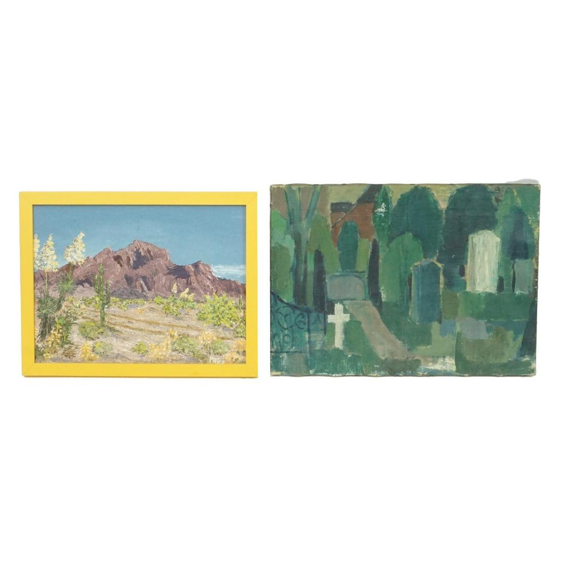 Two Paintings: Early 20th Century American School Landscape Painting along with a 20th Century Oil on Canvas "Santa Fe" Signed Lower Right. Large painting is unframed and mounted on stretcher. Remaining painting is 