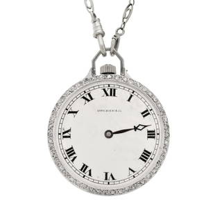 Dreicer & Co Platinum Pocket Watch: Antique Dreicer & Co Platinum Pocket Watch with Round Cut Diamond Bezel and Platinum Chain. Manual wind movement. Case measures 41mm. Approx. weight: 39.39 grams. Condition: Antique condition. Missing