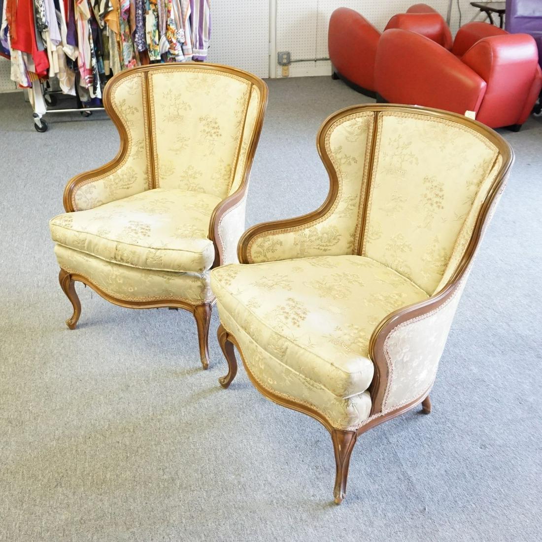 Pair of Bergeres: Pair of French Louis XVI Style Upholstered Bergeres Chairs. Measures 35-1/4" x 25-1/4" Seat height: 19-1/2". Condition: Good condition. Estimate: $500.00 - $600.00 Domestic Shipping: Third party