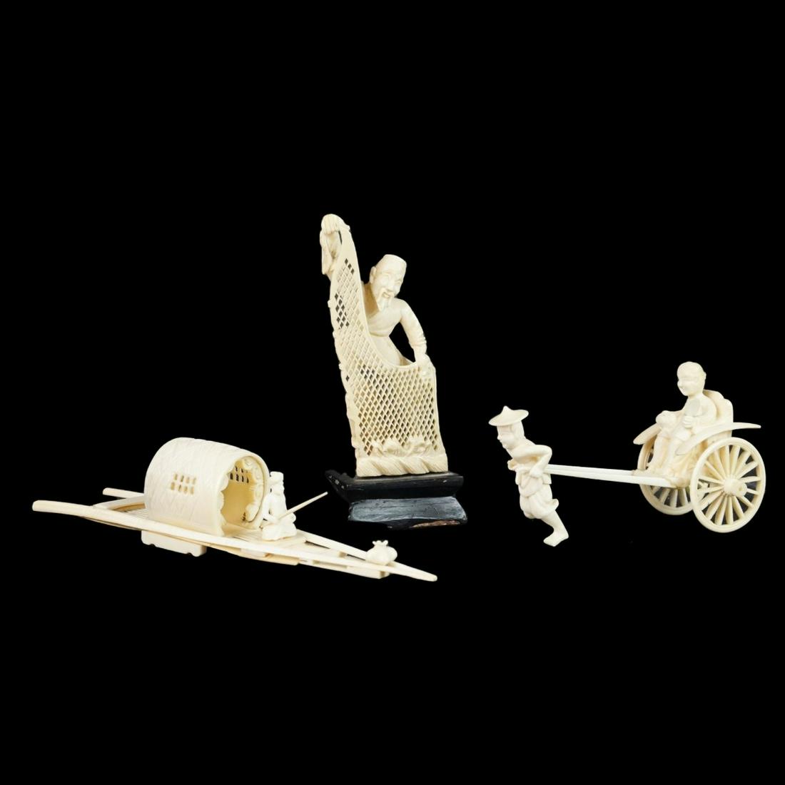 Oriental Figures: Antique Chinese Carved Figure of a Fisherman Presented on Wooden Base, Possibly Vietnamese Carved Rickshaw, along with a Possibly Vietnamese Carved Boat. All unsigned. Tallest figure overall measures 