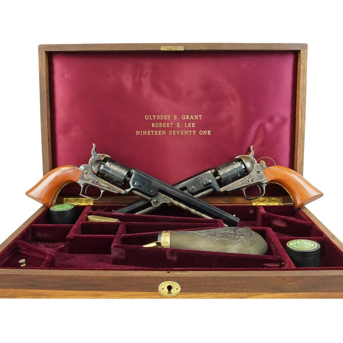 2nd Gen. Ulysses S. Grant Revolvers: Ulysses S. Grant Nineteen Seventy One Commemorative Colt Second Generation Model 1851 Navy .36 Caliber Percussion Revolvers with Accessories Presented in Original Case. Includes a pair of revolvers, p
