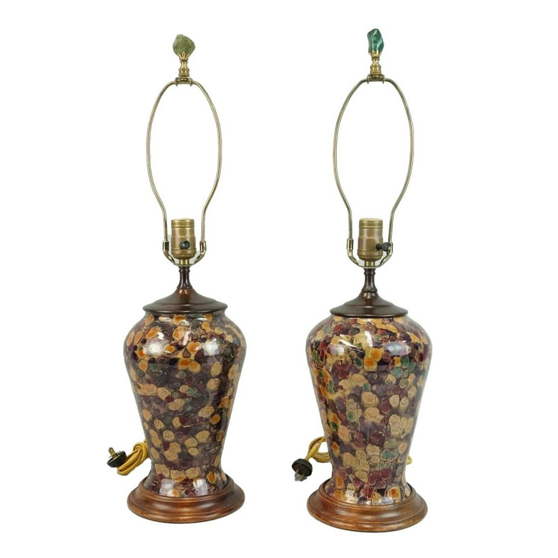 Pair of Lamps: Pair of Glazed Pottery Vases Mounted as Lamps. Vase measures 10-1/4" x 6-1/2". Overall height: 25-3/4". Condition: Good condition. Estimate: $100.00 - $200.00 Domestic Shipping: Third party
