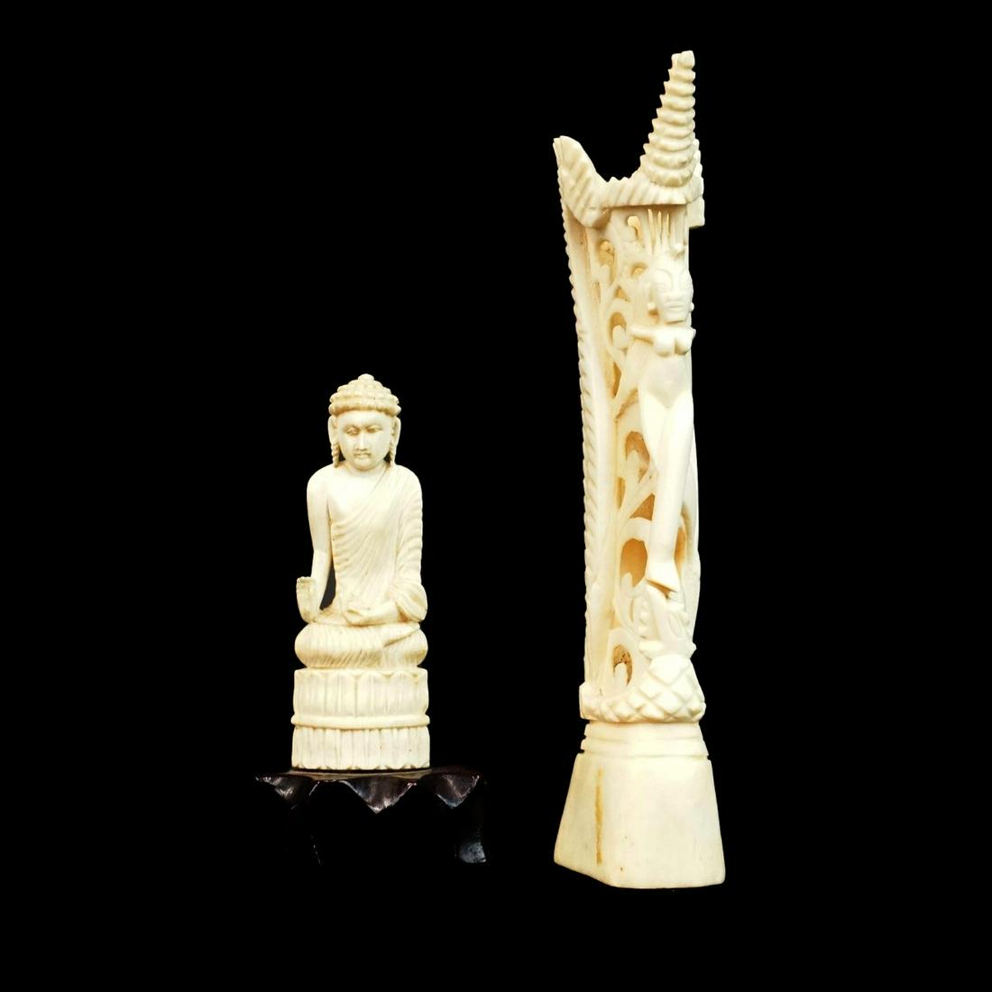 Carvings: Antique Thai Carved Figurine Presented on Wooden Base along with a Antique Burmese Carved Bone Fertility Totem. Figurine measures 4" x 2". Totem measures 6-1/2" x 2-1/4". We Will Not Ship This Item Ou