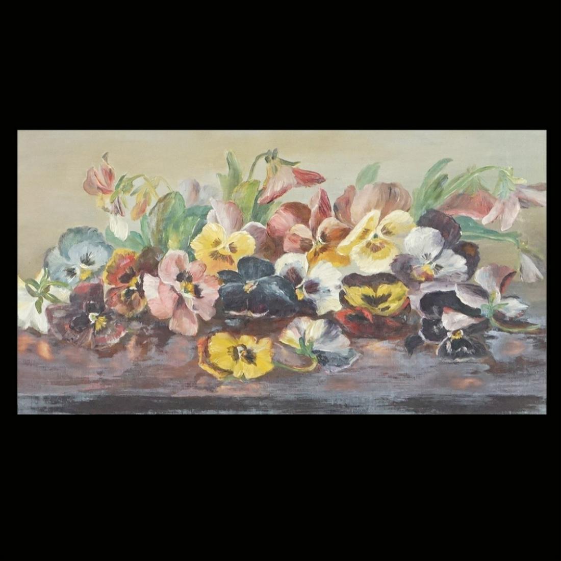 European School O/C: Antique European School Oil on Canvas "Still Life Flowers" Unsigned. Measures 10" x 18". Frame measures 17-3/4" x 25-1/2" x 3-1/8". Condition: Good condition. Estimate: $100.00 - $200.00 Domestic Ship