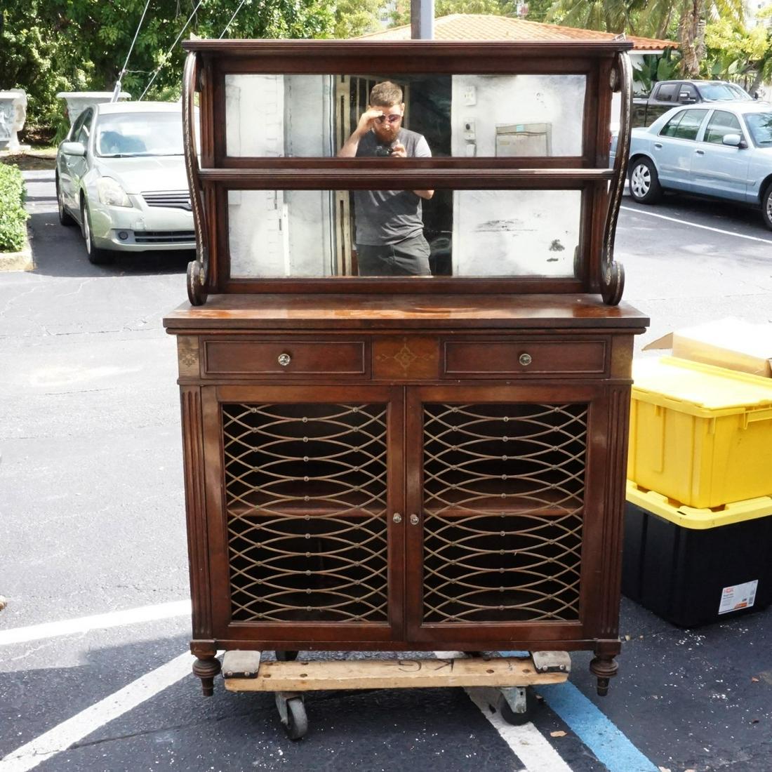 Credenza: Vintage Inlaid Wooden Credenza with Etagere Top and Gueridon. Having mirrored back and two doors. Measures 62-1/8" x 42-1/4". Shelf height: 37-5/8". Condition: Wear to the top shelf, surface scuffs an