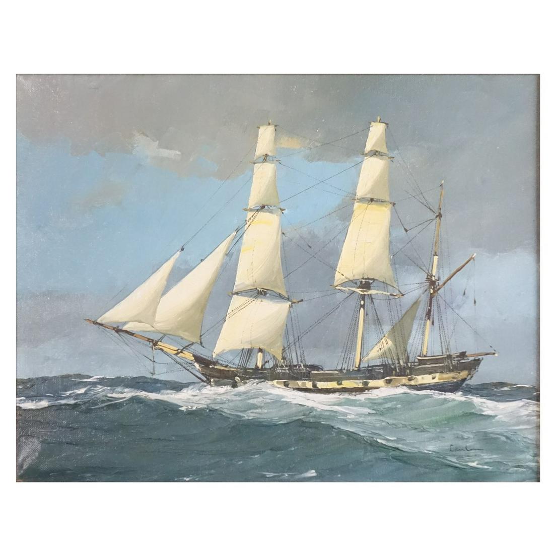 Continental School O/C: Vintage Continental School Oil on Canvas "Maritime Ship" Signed Lower Right. Measures 12-1/4" x 16-1/4", frame measures 18-1/2" x 22-1/2". Condition: Some yellowing otherwise good condition. Estimate: