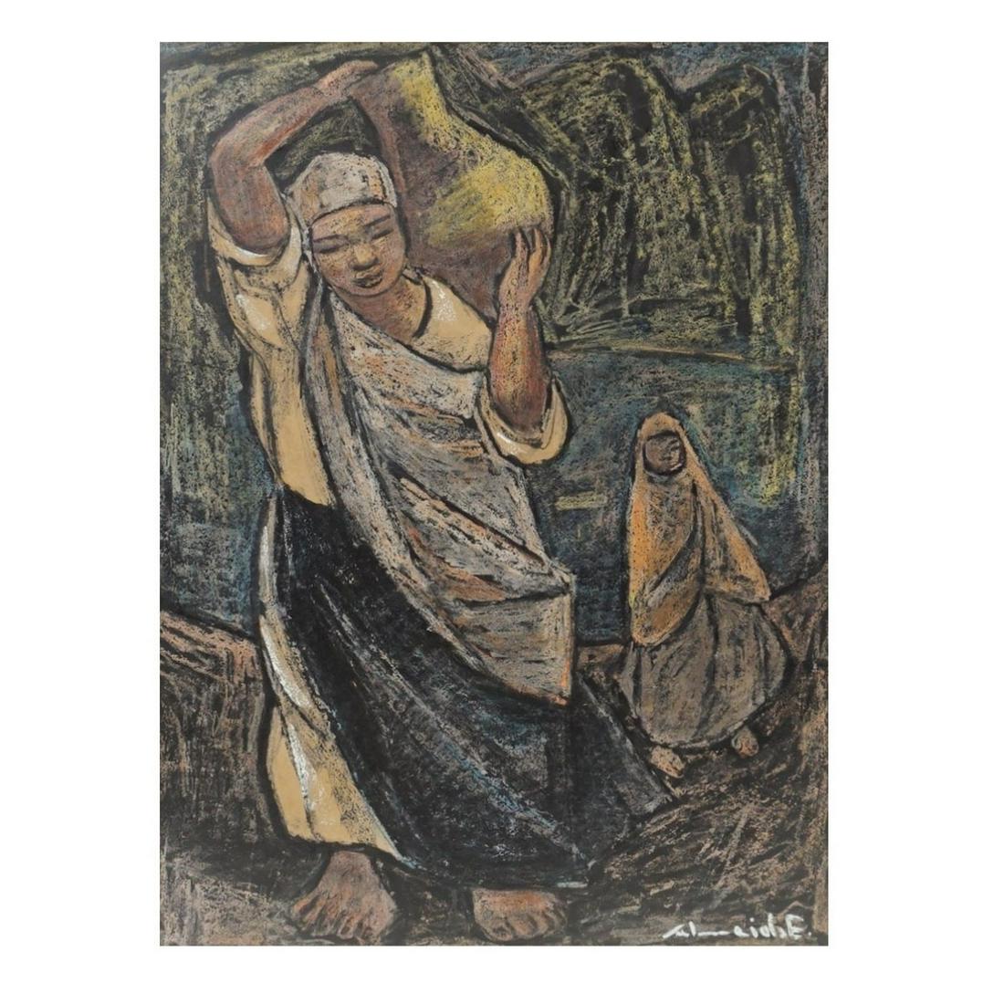 South Amer. School Pastel on Paper: 20th Century South American School Pastel on Paper "Villagers" Signed Illegibly Lower Right. Sight measures 26-1/2" x 18-1/2", frame measures 33-5/8" x 25-3/4". Condition: Good condition. Estimate: $5
