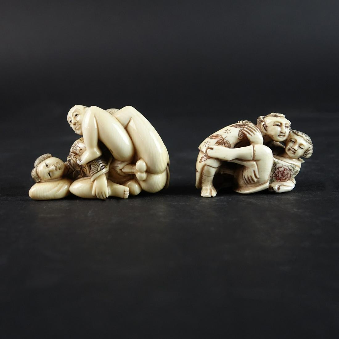 Japanese Erotic Netsukes: Grouping of Two (2) Antique Japanese Polychrome Erotic Netsukes. Signed. Tallest measures 1-1/2" x 2-1/4" L, smallest measures 1-1/4" x 1-3/4". We Will Not Ship This Item Out of State of Florida. Anyo