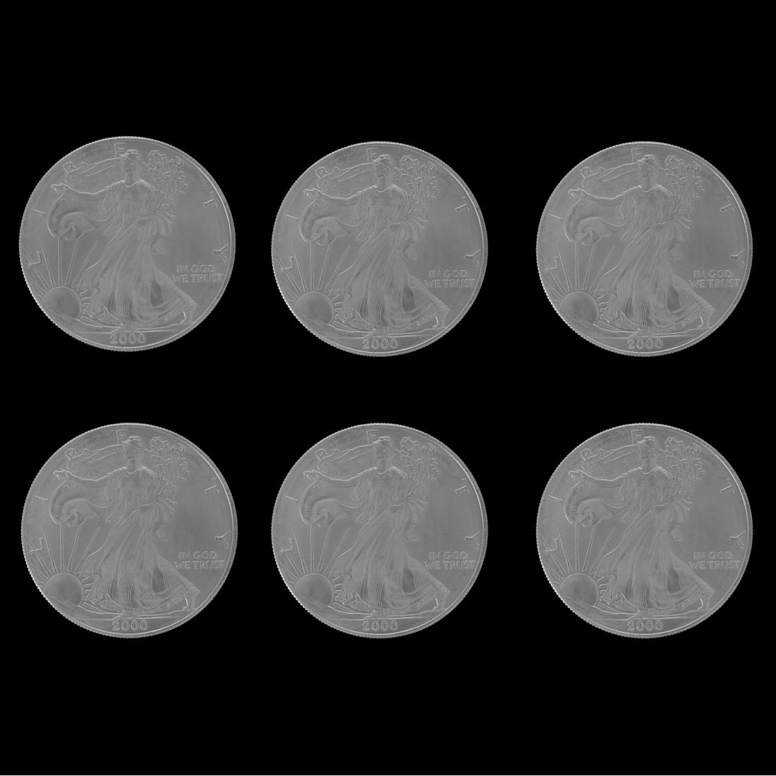 Six 2000 US $1 Silver Eagle Coins (1 of 2)