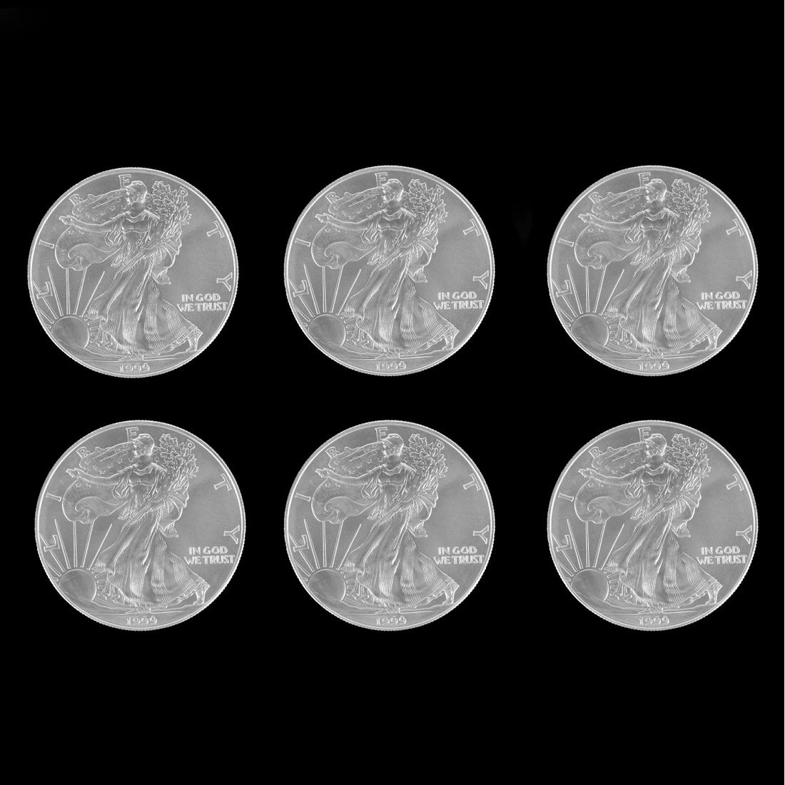 Six 1999 US $1 Silver Eagle Coins (1 of 2)
