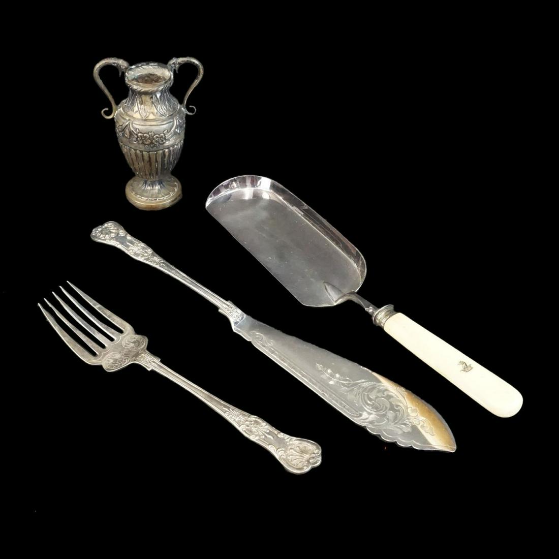 Tableware: Grouping of Four Vintage Silverplated Tableware to Include a English Silver Crumber with Bone Handle, Vintage Silverplate Amphora Vase, and a 2-Piece English Fish Serving Set. Each is hallmarked. Crum