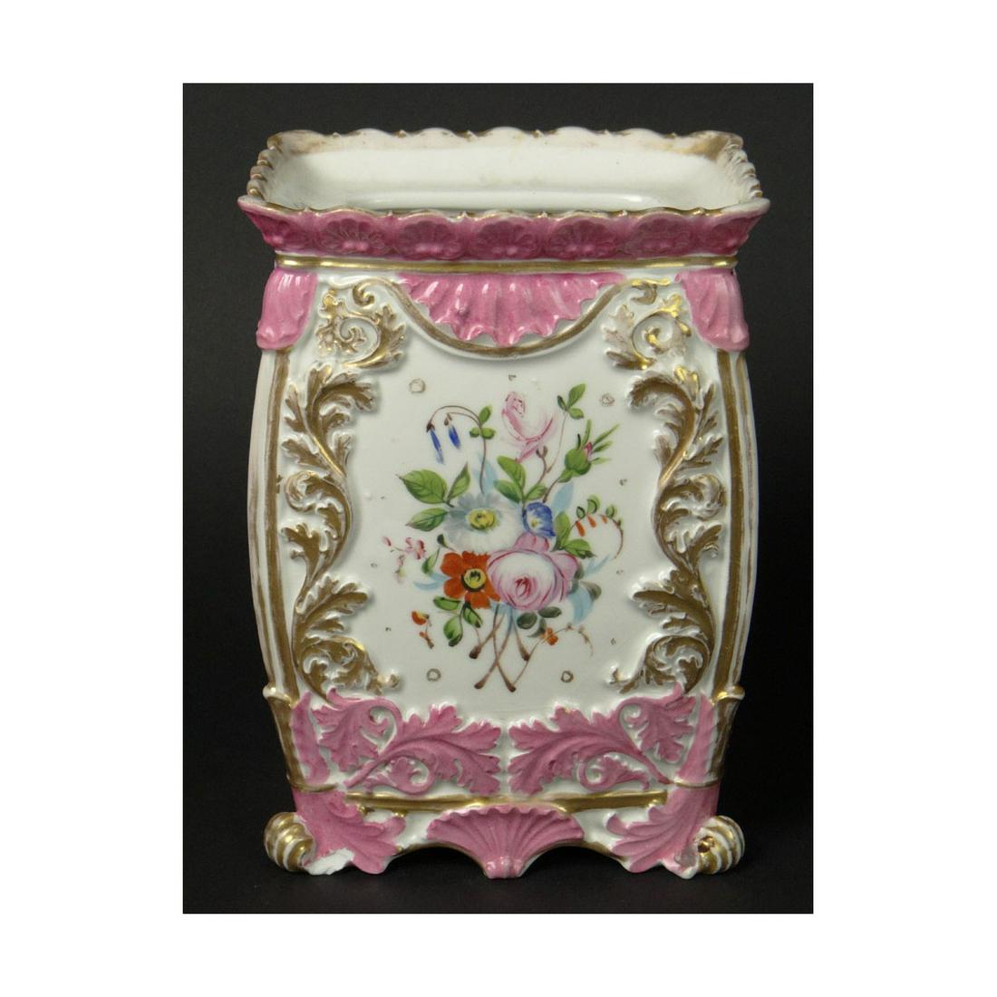 19C French Jacob Petite Belleville Porcelain Vase: Early 19th Century French Jacob Petite Belleville (which is now Fontainebleu) Porcelain Vase with Gilt Decoration. Signed Blue Underglaze JP and Three (3) Dots. Measures 8-5/8 Inches Tall and 6 Inches