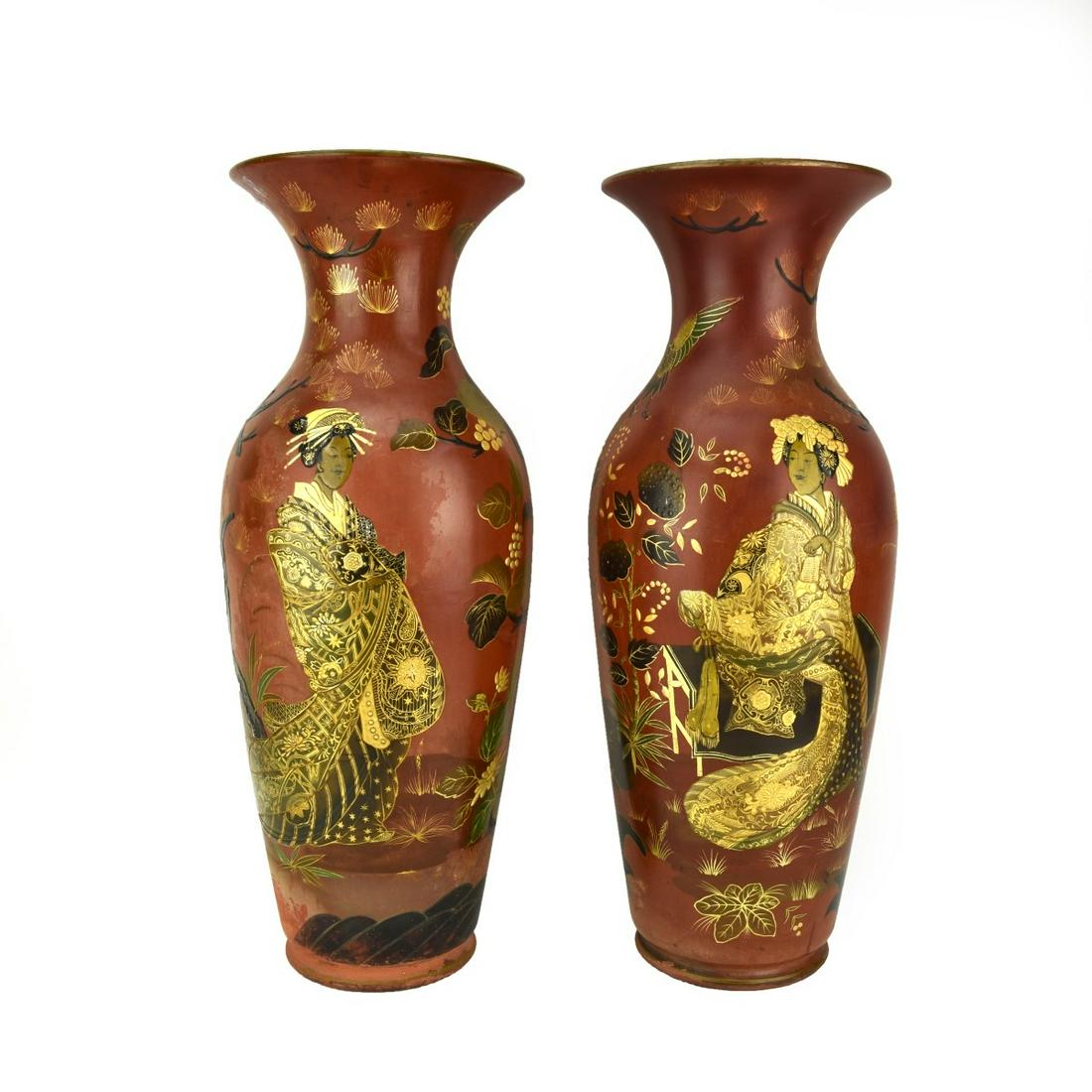 Pair Japanese Enameled Terra Cotta Vases (1 of 8)