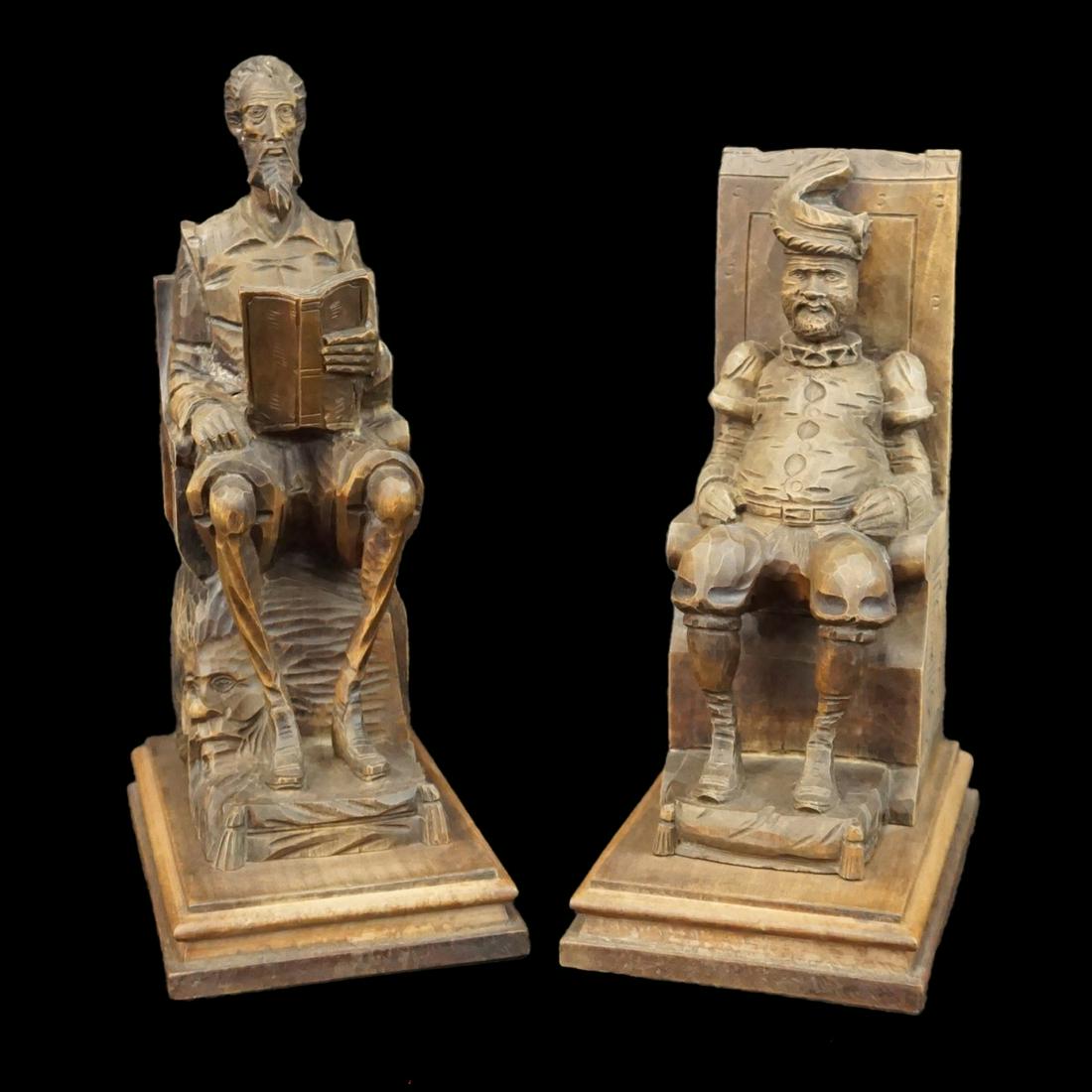 Pair of Bookends: Pair of Antique Carved Wood Don Quixote and Sancho Panza Bookends. Tallest measures 11-1/2" x 4-1/2" x 6-3/4". Other measures 10" x 4-1/2" x 6-3/4". Condition: Good condition. Estimate: $100.00 - $300