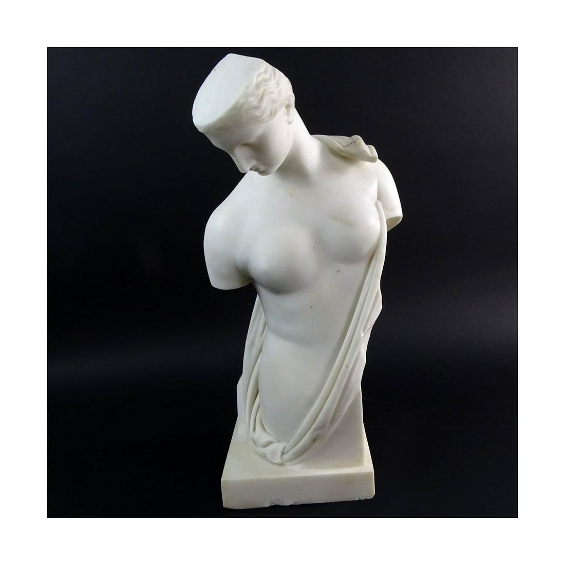 Marble Classical Figure: Mid 20th Century Carved Marble Classical Figure in the Style of Alexander Archipenko. Unsigned. Measures 19" H x 9" W. Condition: Minor losses at base. Small repair otherwise good condition. No Oil La