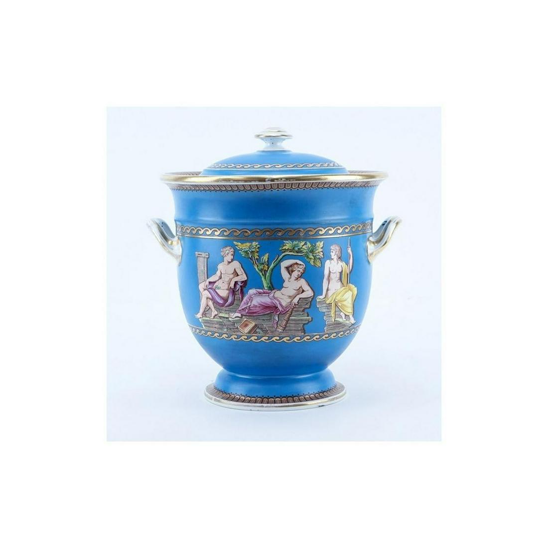 Antique Minton Covered Tureen: Antique Minton Turquoise and Gilt Handled Covered Tureen. Impressed mark to base. Neoclassical scene with figures on center. Measures 12-5/8" H x 12-1/2" W Condition: Normal rubbing to gilt, typical s