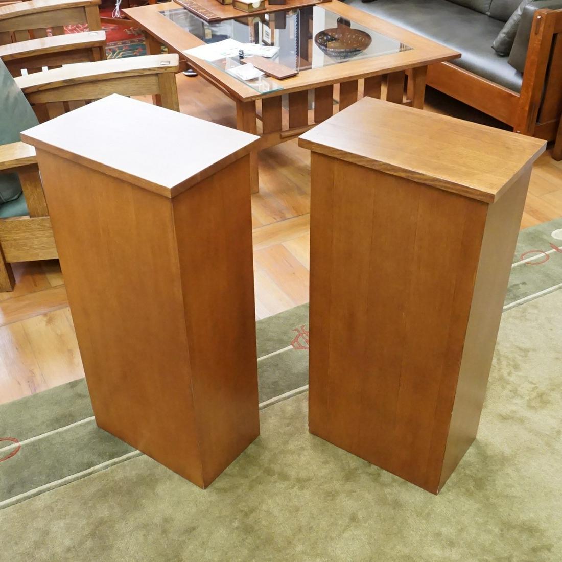 Pair of Stickley Style Pedestals: Pair of Stickley Style Oak Display Pedestals. Measures 37" x 18" x 11-1/2". Condition: Very good condition. Estimate: $100.00 - $300.00 Domestic Shipping: Third party