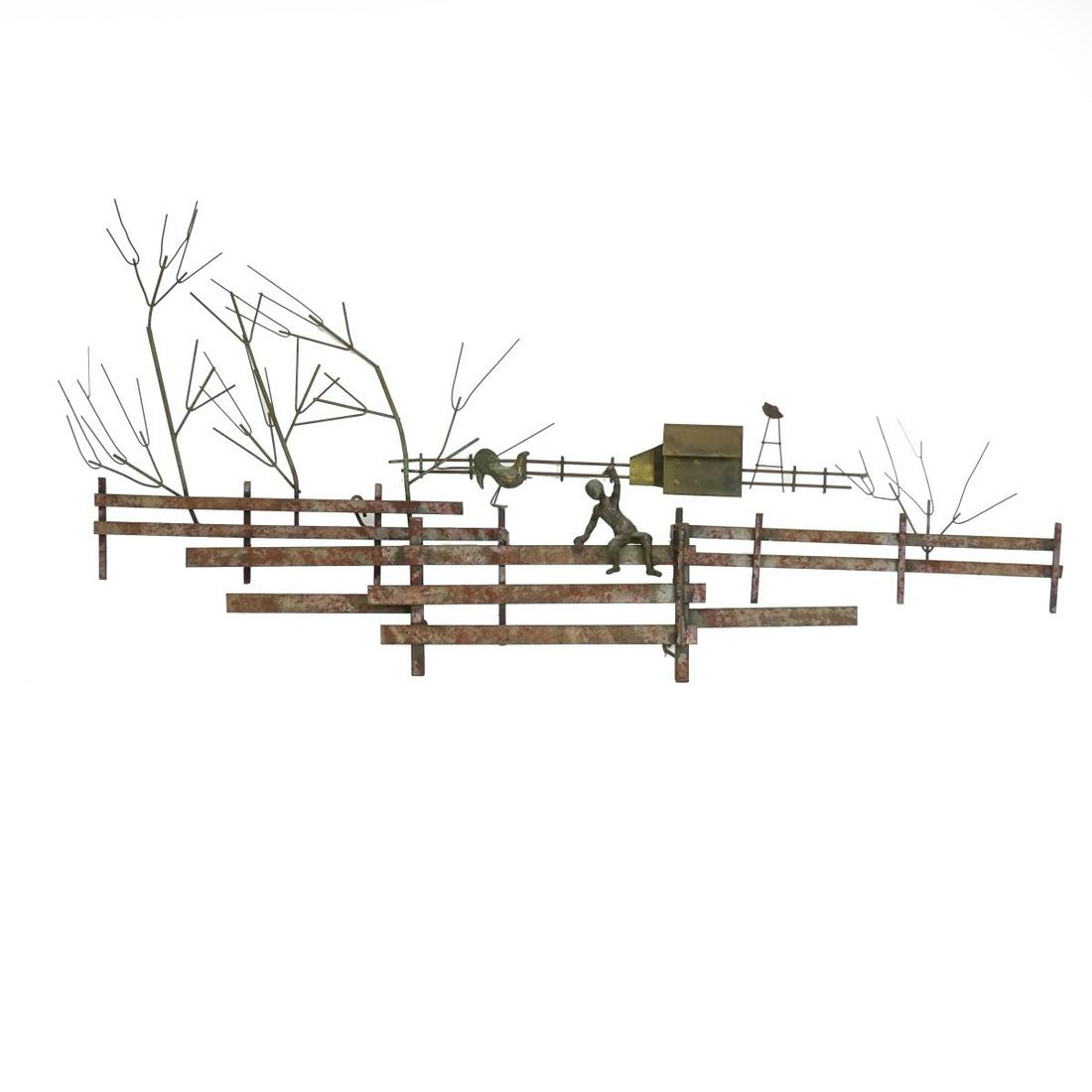 Curtis Jere, American (1910 - 2008): Curtis Jere, American (1910 - 2008) Wall Hanging Metalware Sculpture "Country Farm" Unmarked. Measures 17-1/2" x 38", Approx. 5" depth. Condition: Heavy oxidation to the metal, possible small loss to