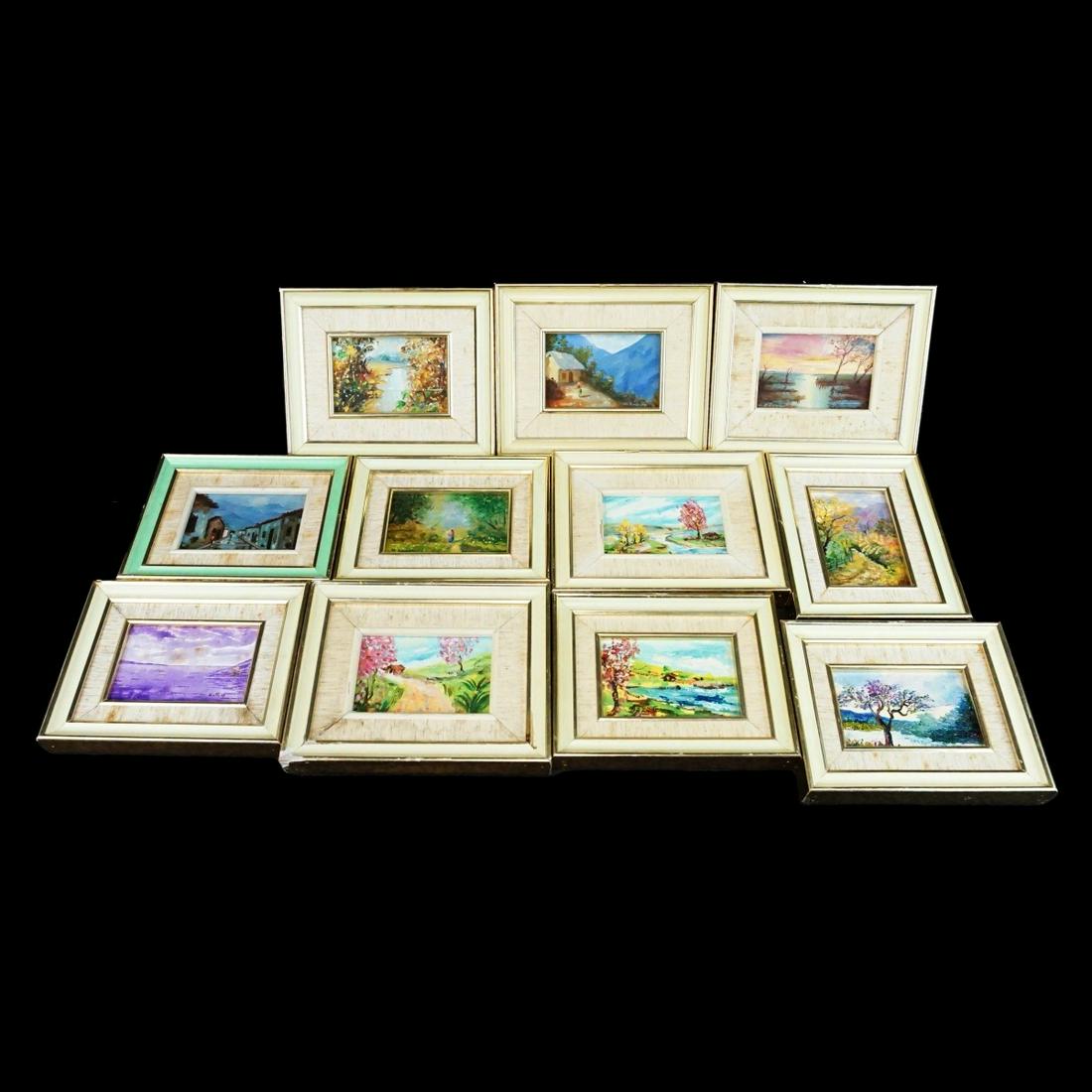Venezuelan School Paintings: Grouping of Sixteen (16) 20th Century Artist Signed Venezuelan School Oil Paintings executed on Boards. Each presented in a similar frame with gallery labels attached en verso. Largest measures 8-1/8"