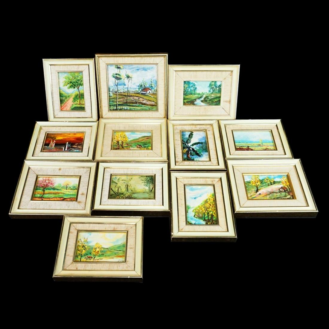 Venezuelan School Paintings: Lot of Twelve (12) 20th Century Artist Signed Venezuelan School Paintings Executed on Boards. Each in frame and bears a gallery label en verso. Largest frame measures 9-5/8" x 10-1/8". Condition: Good