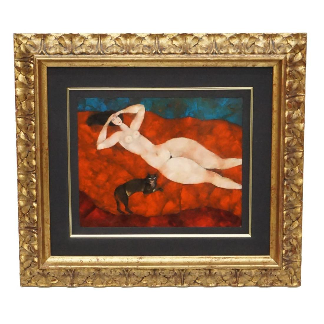 Harry Guttman (1933 - 2015): Harry Guttman, Romanian (1933 - 2015) Oil on Masonite "Reclining Nude with Cat" Signed Lower Left. COA and Wentworth Gallery label attached en verso. Measures 15-5/8" x 19-3/4". Frame measures 30-7/8"