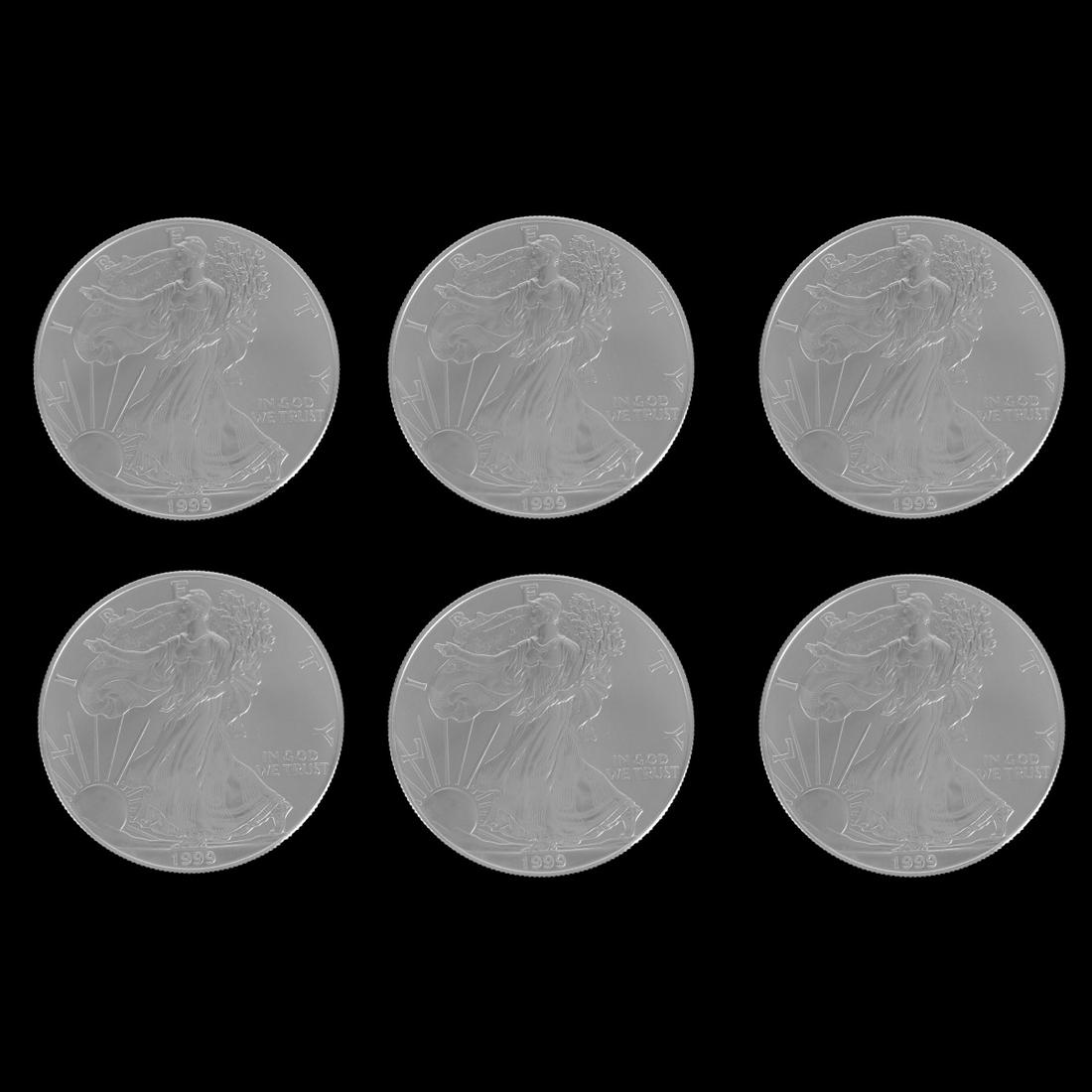 Six 1999 US $1 Silver Eagle Coins (1 of 2)