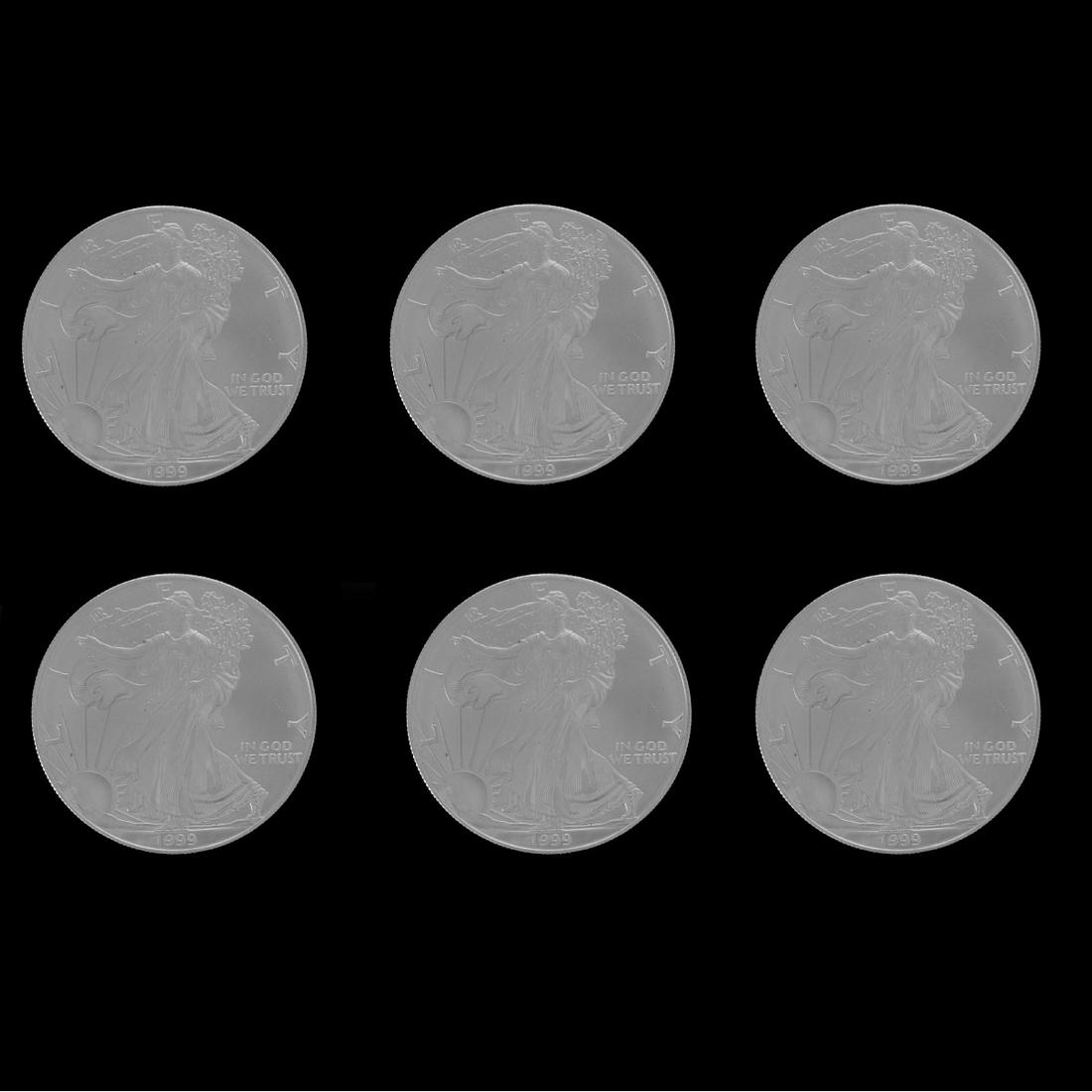 Six 1999 US $1 Silver Eagle Coins (1 of 2)