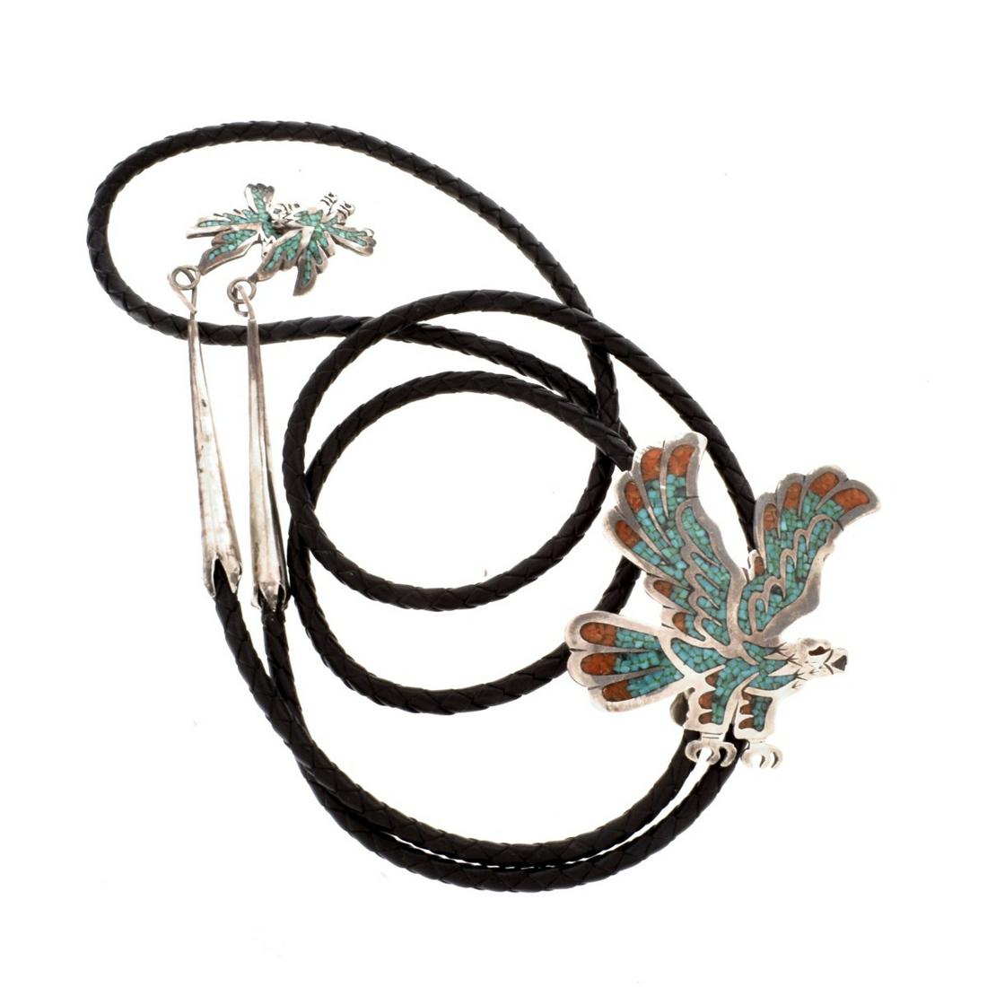 Silver, Turquoise and Coral Bolo Tie (1 of 4)