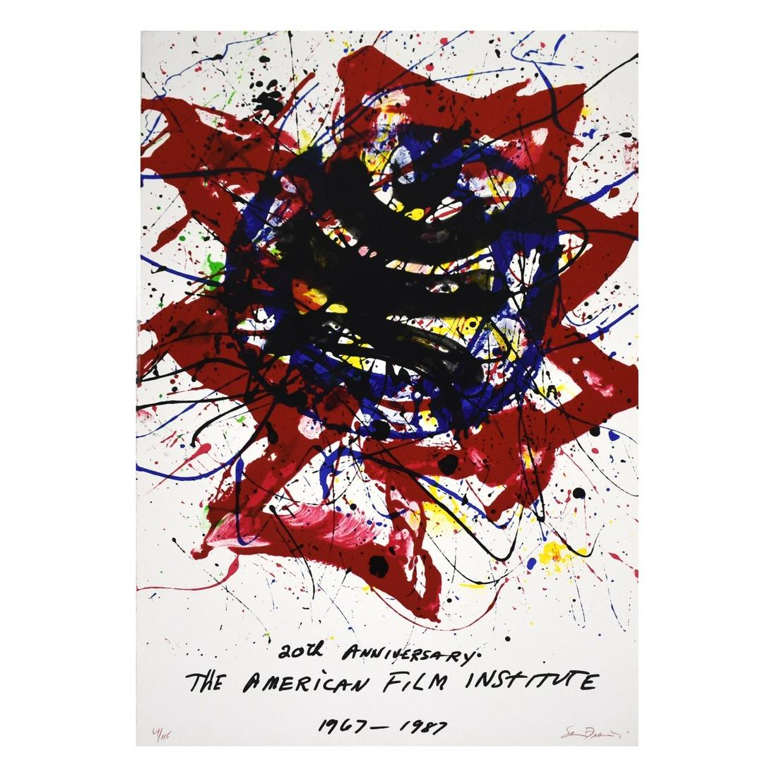 Sam Francis, American (1923 - 1994): Sam Lewis Francis, American (1923 - 1994) "20th Anniversary The American Film Institution" Lithograph on Paper, Signed and Numbered 64/115. Unframed. Measures 34-1/4" x 22'. Condition: Good condition.