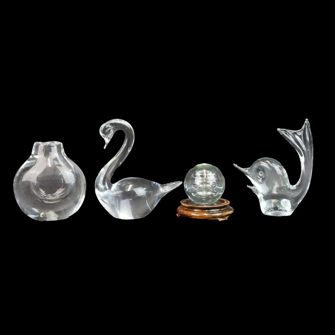 Vintage Crystal Tableware: Lot of Four Vintage Crystal Tableware to Include a Marcolin Swan Figurine, Fish Figurine, Goran Warff for Kosta Vase, and a Modern Paperweight with Stand. Swan measures 6-5/8" x 2-3/4" x 6-1/4". Vase