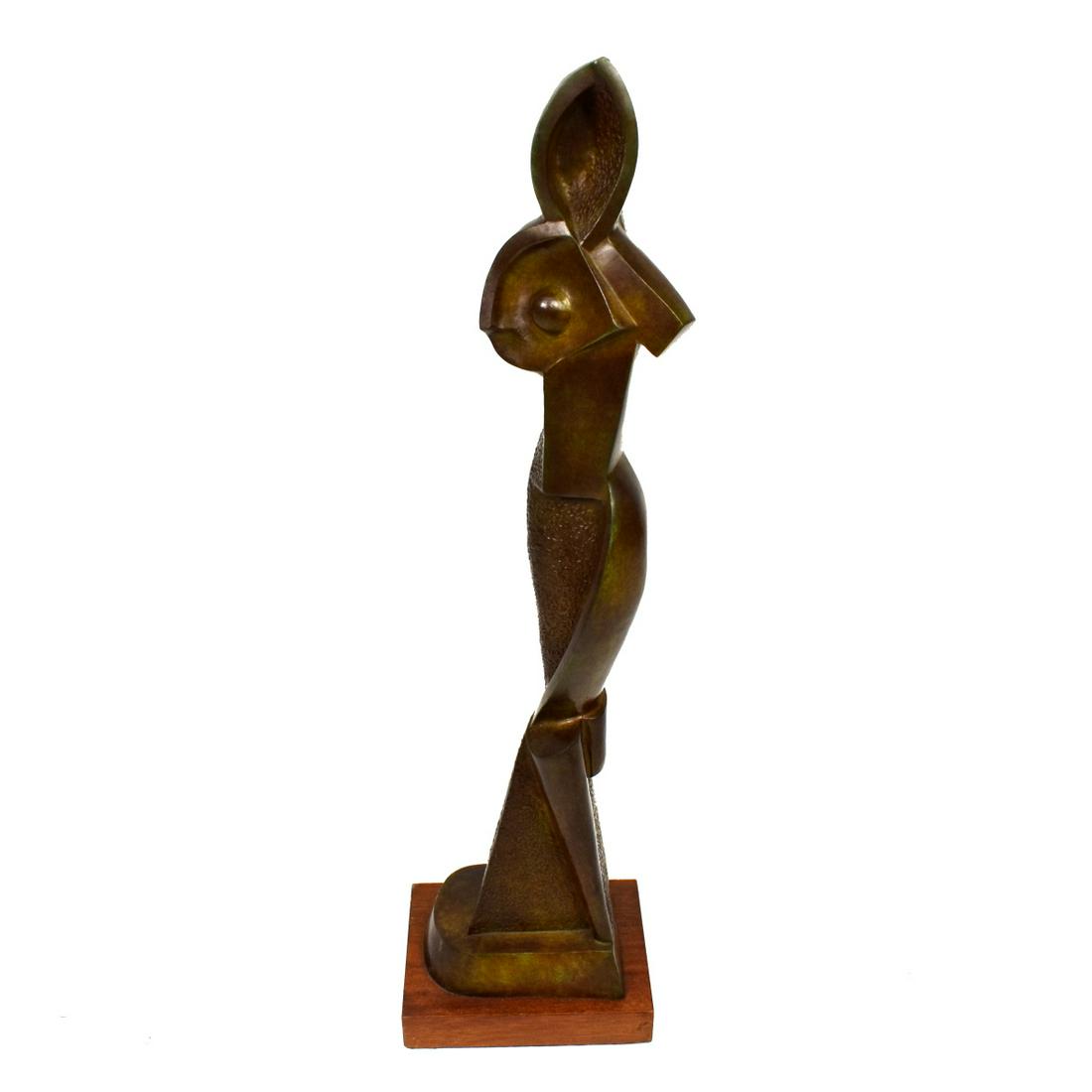 Attrib: Alexander Archipenko (1887 - 1964): Attributed To: Alexander Archipenko, Russian (1887 - 1964) "Statuette Geometrique, 1914" Bronze Sculpture Presented on a Wooden Base, Signed and Dated. Marked Paris. Overall measures 28-1/4 x 7-1/2" x
