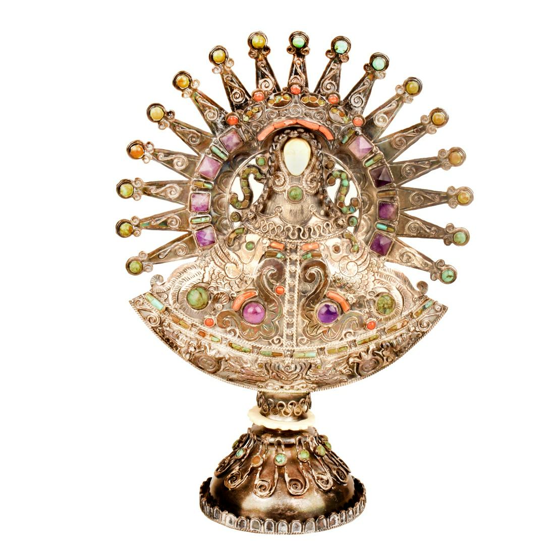 Matilde Poulat Matl (1900 - 1960): Matilde Poulat Matl, Mexican (1900 - 1960) "Virgen de Remedios" Sterling Silver, Gemstone, and Inset Carved Bone. Stamped. Measures 8-1/2" x 6". Approx. weight: 9.42 troy ounces. Condition: Slight wea