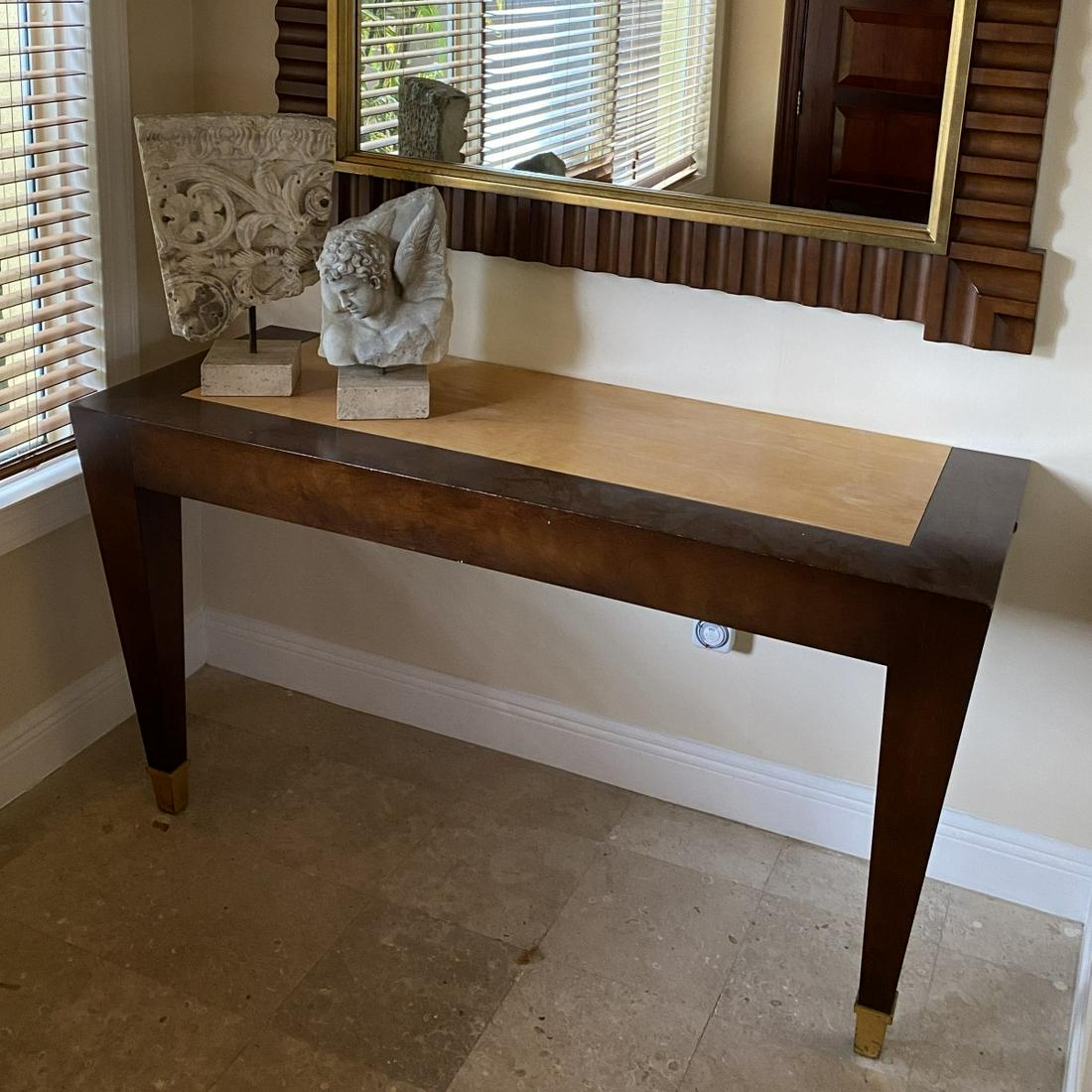 John Hutton For Donghia Console Table: John Hutton For Donghia Parisian Art Deco Wall Mounted Console Table. Label attached on the bottom side. Measures 32-1/8" x 60" x 22". Condition: Surface wear to the top, some scratches and wear to on