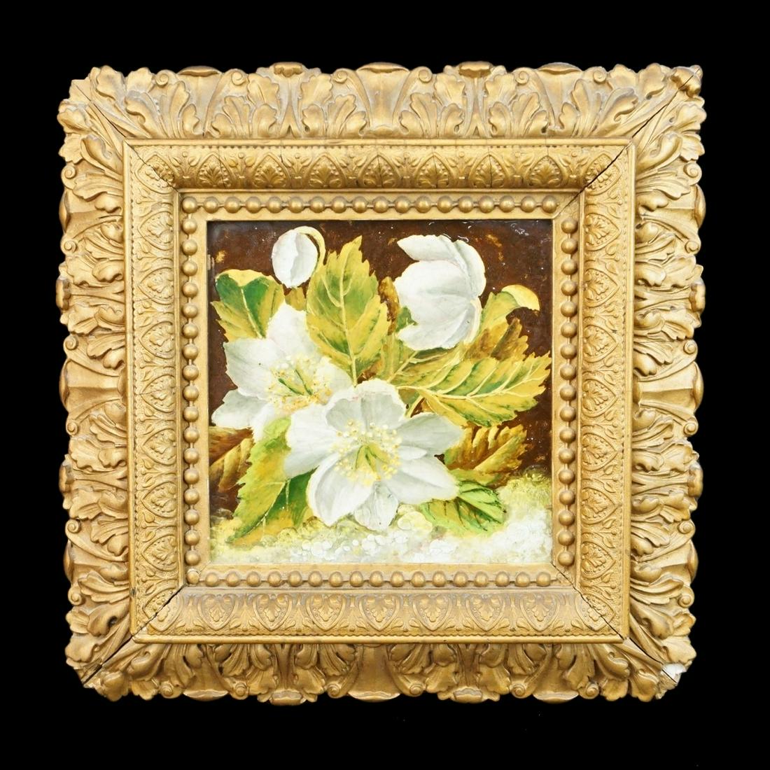 Pottery Tile: Maw & Co Benthalt Work Framed Pottery Tile. Floral still Life. Sight measures 7-3/4" x 7-3/4". Frame measures 14-5/8" x 14-5/8". Condition: Craquelure otherwise good condition. Estimate: $50.00 - $150