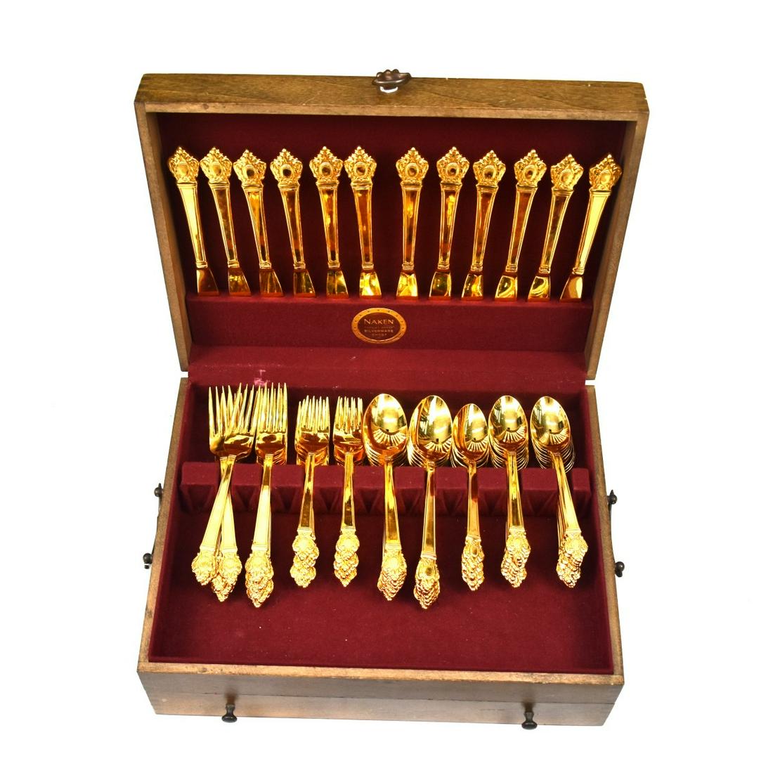 Gold Plated Flatware: Seventy Two (72) Piece Vintage Gold Plated Flatware. Includes: (12) knives measuring 8-7/8", (12) forks measuring 7-1/2", (12) salad forks, (12) spoons measuring 7-1/4", and (24) teaspoons. Box is for