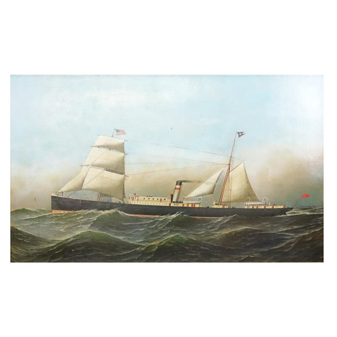 Antonio Jacobsen (1850 - 1921): Antonio Jacobsen, Danish (1850 - 1921) Oil on Canvas "S.S. Alene" Signed Lower Left. Artist information attached en verso. Measures 22" x 36", frame measures 26-1/2" x 40-1/2". Condition: Very good co
