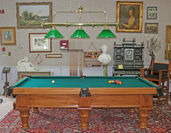 A. E. Schmidt Carved Wooden Pool Table Light Fixt: Custom Made A. E. Schmidt Saint Louis Missouri Carved Wooden Pool Table Light Fixture, Pair of Chairs, Many Dufferin Cue Sticks, Wall Mounted Cue Stick Holders, Ball Holders, and Scoreboard. Lots of A