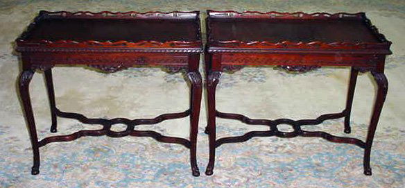 Nicely Carved Chinese Chippendale Pierced Gallery: Nicely Carved Chinese Chippendale Pierced Gallery Top Mahagony End Tables with Splayed Feet. Circa 1940's. Unsigned. Very Good Condition. Measures 27 Inches Tall to the top of the Gallery, Table Top M