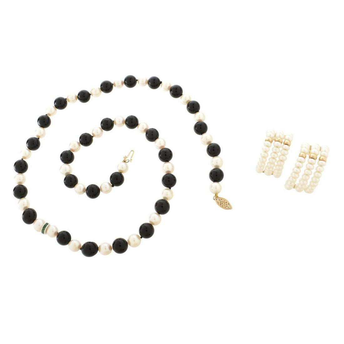 Pearl, Onyx and 14K Jewelry: Vintage Black Onyx and 6.75mm Pearl Necklace with 14 Karat Yellow Gold Clasp and Emerald Accented Spacer together with Baroque Pearl and 14 Karat Yellow Gold Huggie Earrings. Pearls with good luster a